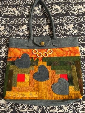 Homemade Patchwork Denim Accent Tote Bag 15”x13”x3”